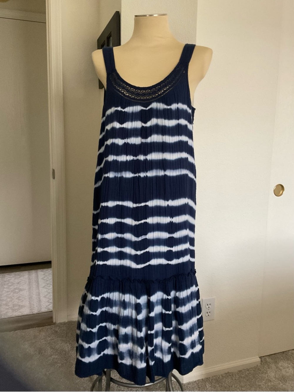 New Directions Sundress Dress 100% Cotton Beach Woman Blue Tie Dye Large